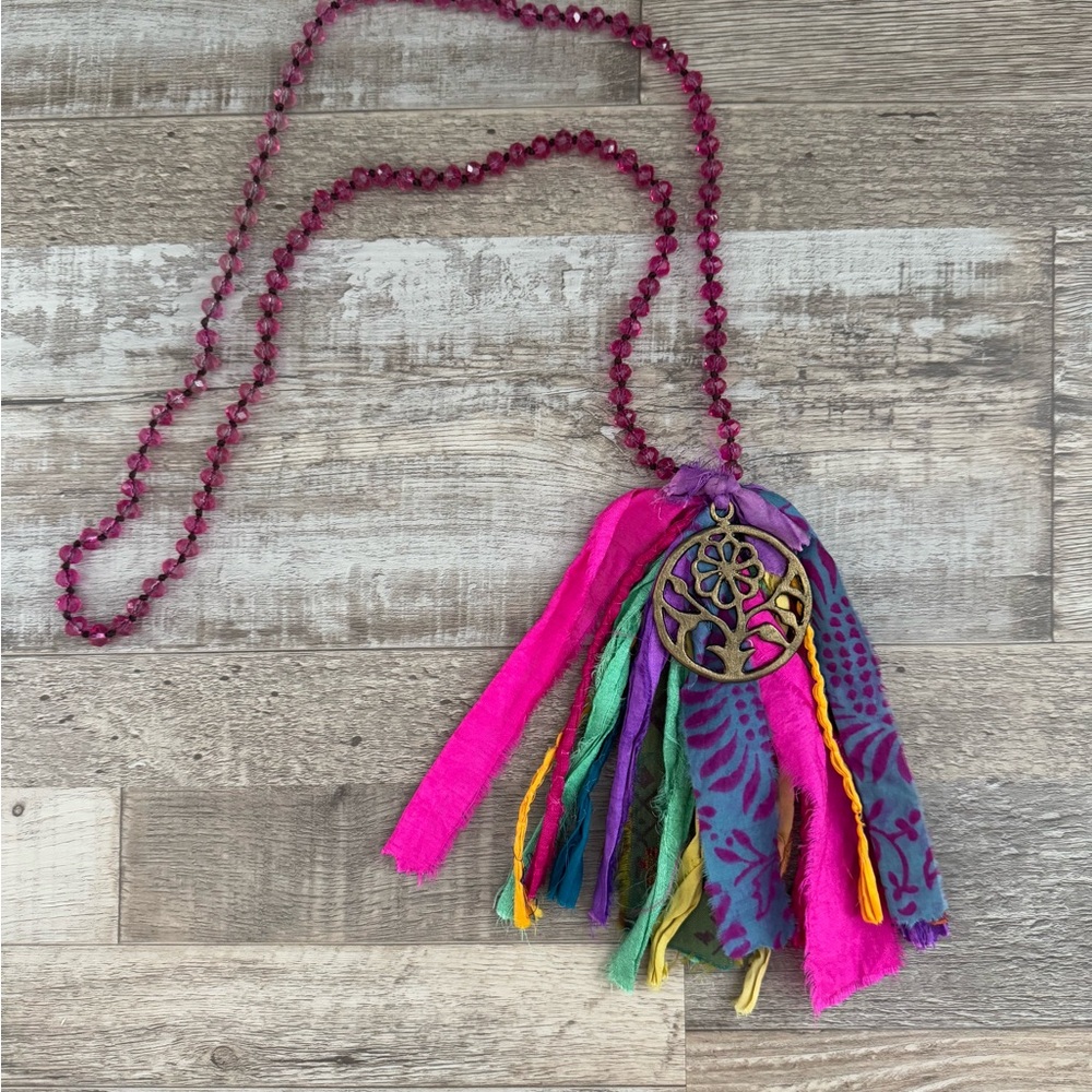 Vibrant Multicolor Tassel Necklace with Pink Chain